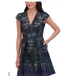 Vince Camuto Women's Green Jacquard Cap Sleeve Fit & Flare Dress Size 4 NWOT